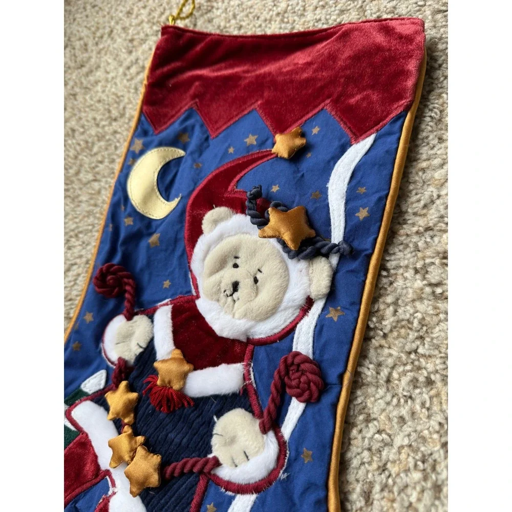 Vintage Appliqué Christmas Stocking  Blue Velvet Santa Teddy‎ Bear Stars Moon